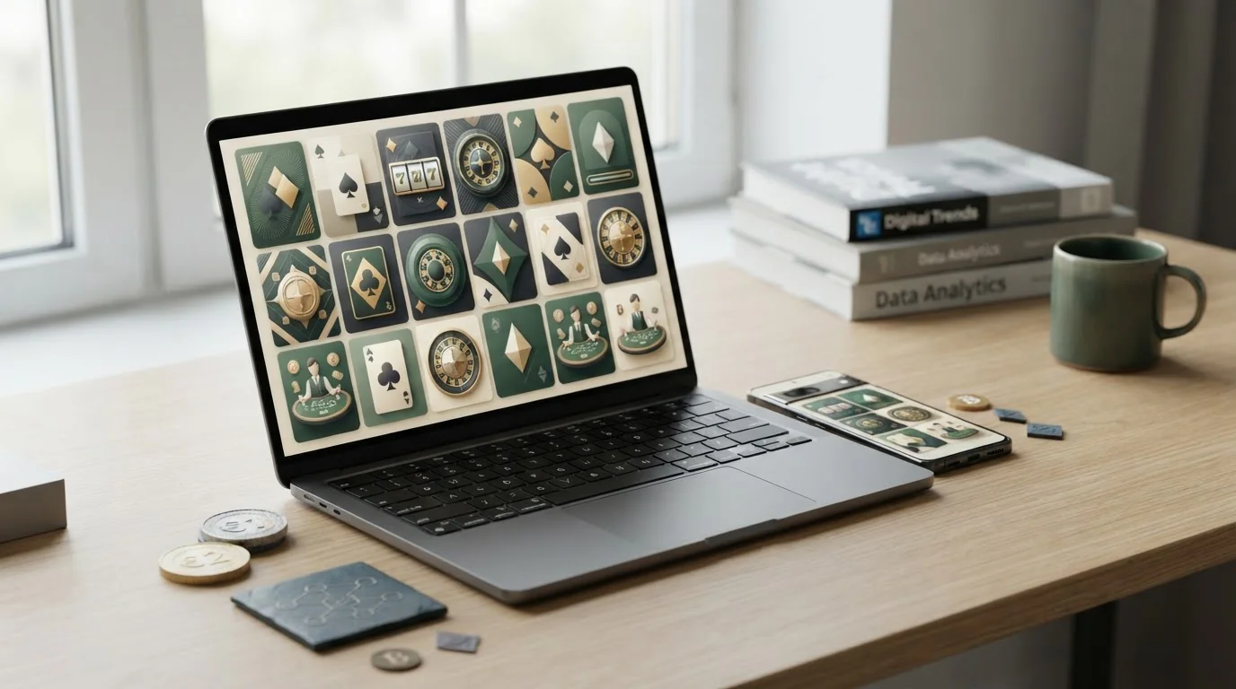 Illustratieve analytische casino-beoordeling op laptop en smartphone met betaal- en spelcategorieen
