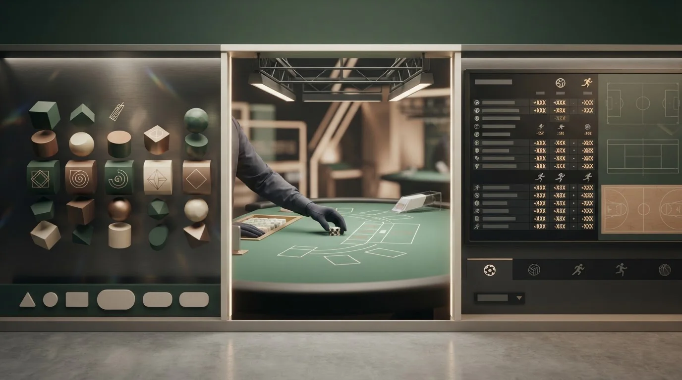 Illustratieve vergelijking van slots, live casino en sportsbook als drie spelcategorieen
