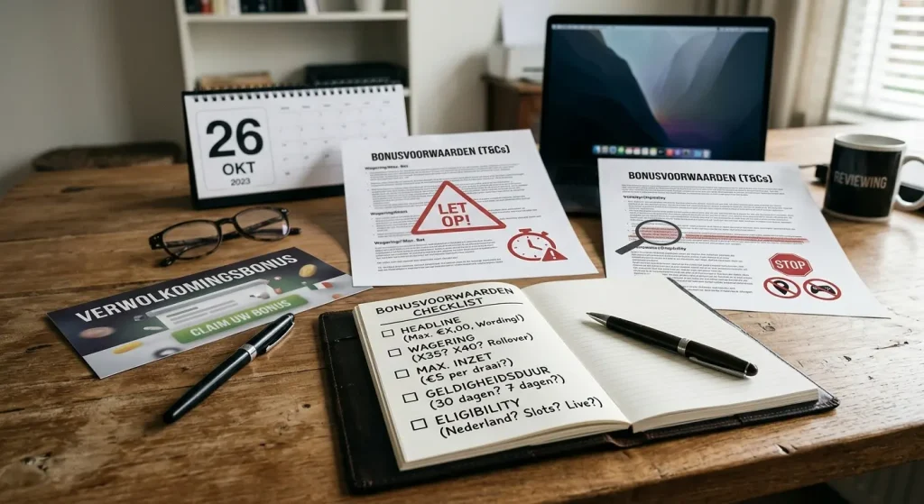 Analytische checklist voor bonusvoorwaarden met afzonderlijke vakken voor promotietekst, inzetvoorwaarden, limiet en geldigheidsduur