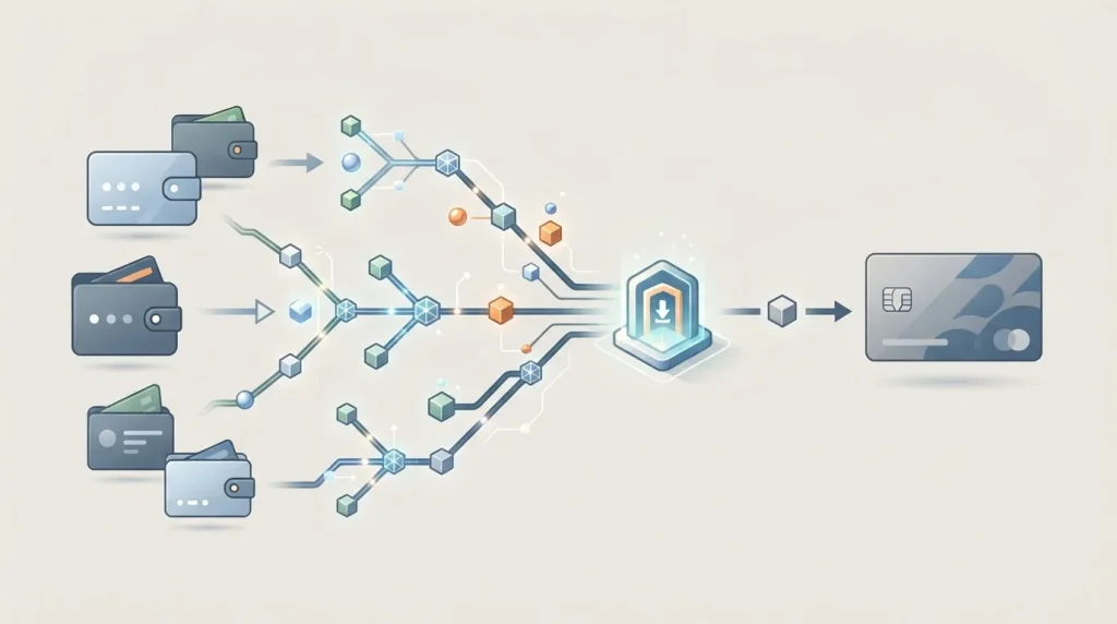 Illustratie van cryptodigitale portemonnees, blockchain-netwerken en een betaalkaart met duidelijke transactieroutes