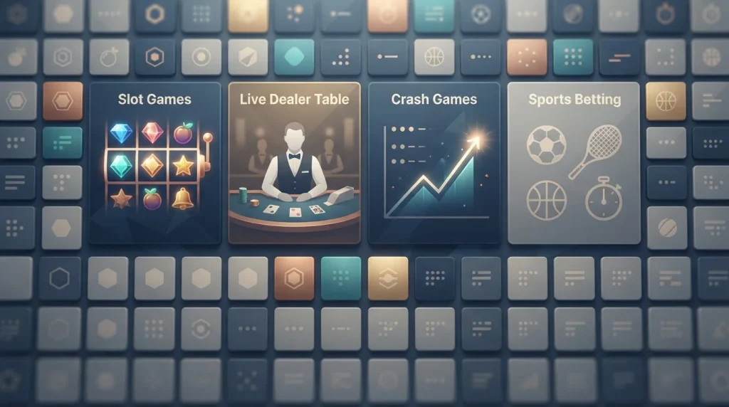 Illustratie van een brede gamebibliotheek met slots, live casino, crash en sportcategorieën