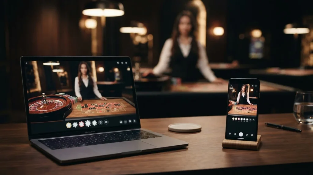 Illustratie van een live casino tafel op mobiel en desktop zonder herkenbare casino- of spelaanbiederlogo