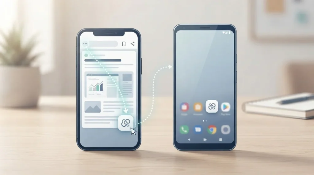 Illustratie van een smartphone waarop een browserwebsite als PWA aan het startscherm wordt toegevoegd