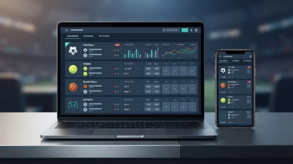 Illustratie van een sportsbook interfaceconcept met voetbal, tennis, basketbal en esports zonder quoteringen of aanbevelingen