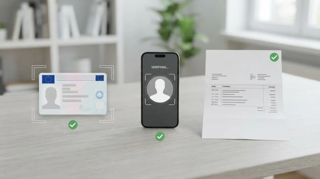 Neutrale illustratie van identiteitsbewijs, selfie en adresdocument voor een KYC-controle zonder echte persoonsgegevens
