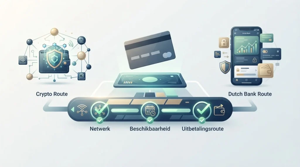 Schematische keuze tussen cryptodigitale portemonnee, kaart en Nederlandse betaalcontext