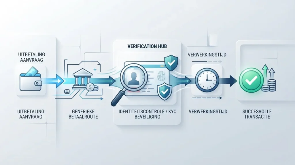 Schematische uitbetalingsflow met betaalroute, verificatiestap en klok